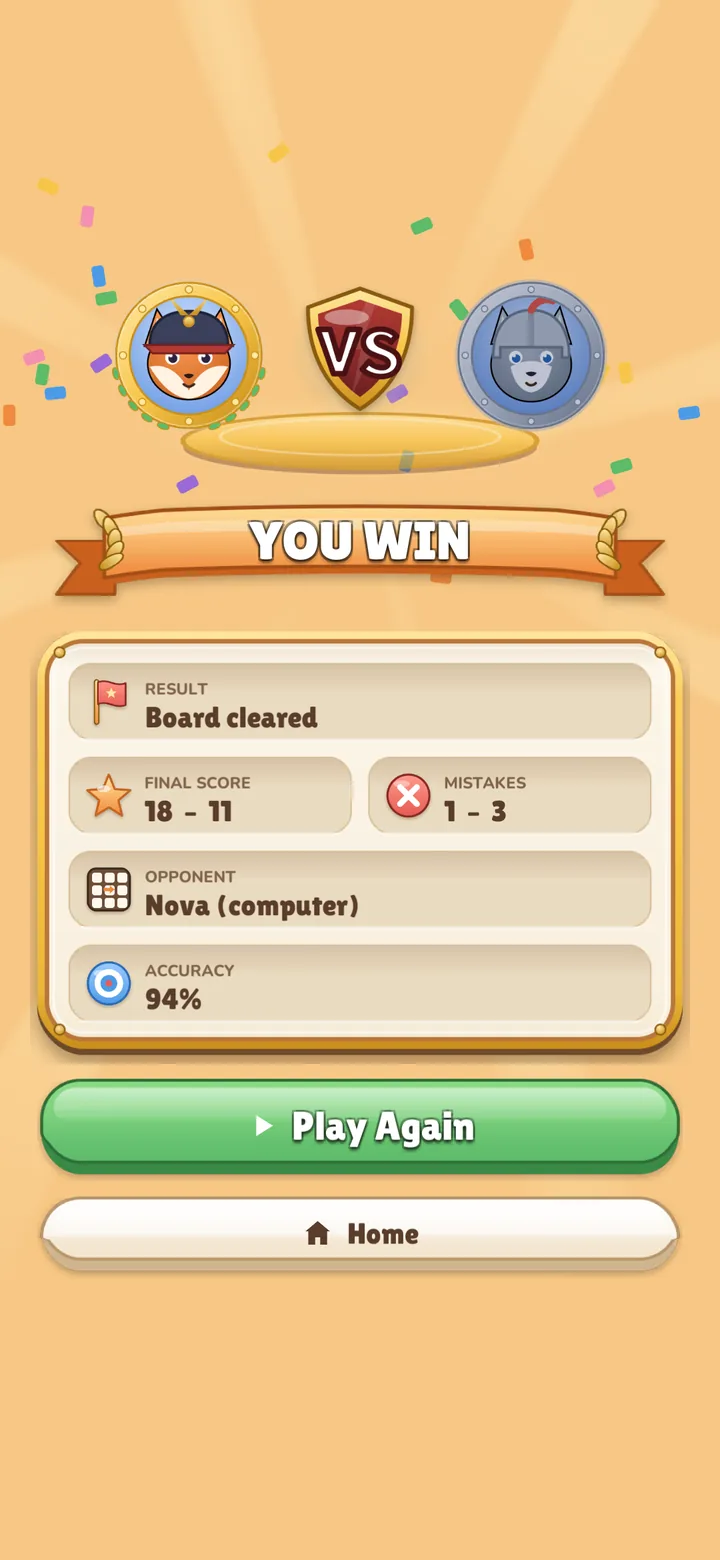 Multiplayer result screen showing a won duel against a computer opponent