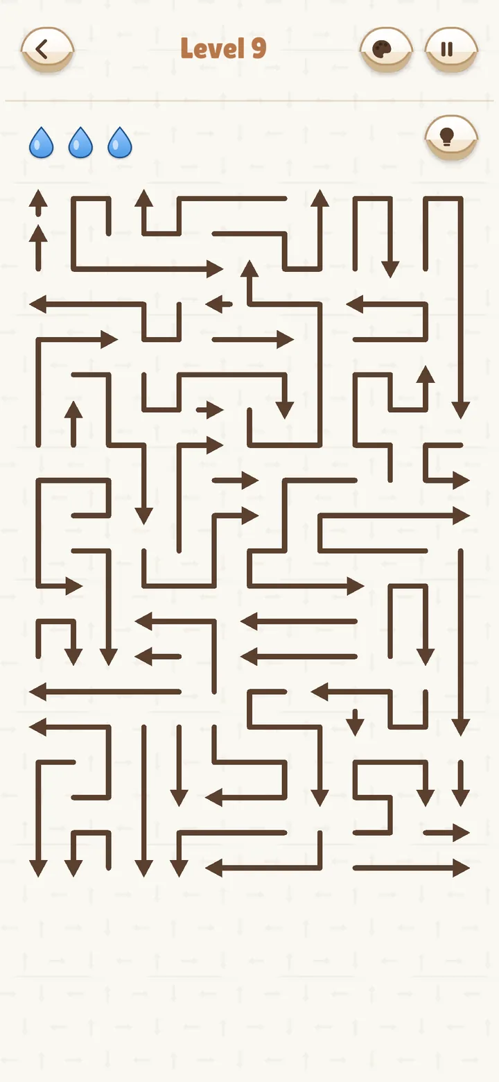 A Level 9 campaign board in Amaze Arrow GO Puzzle filled with bent brown arrows