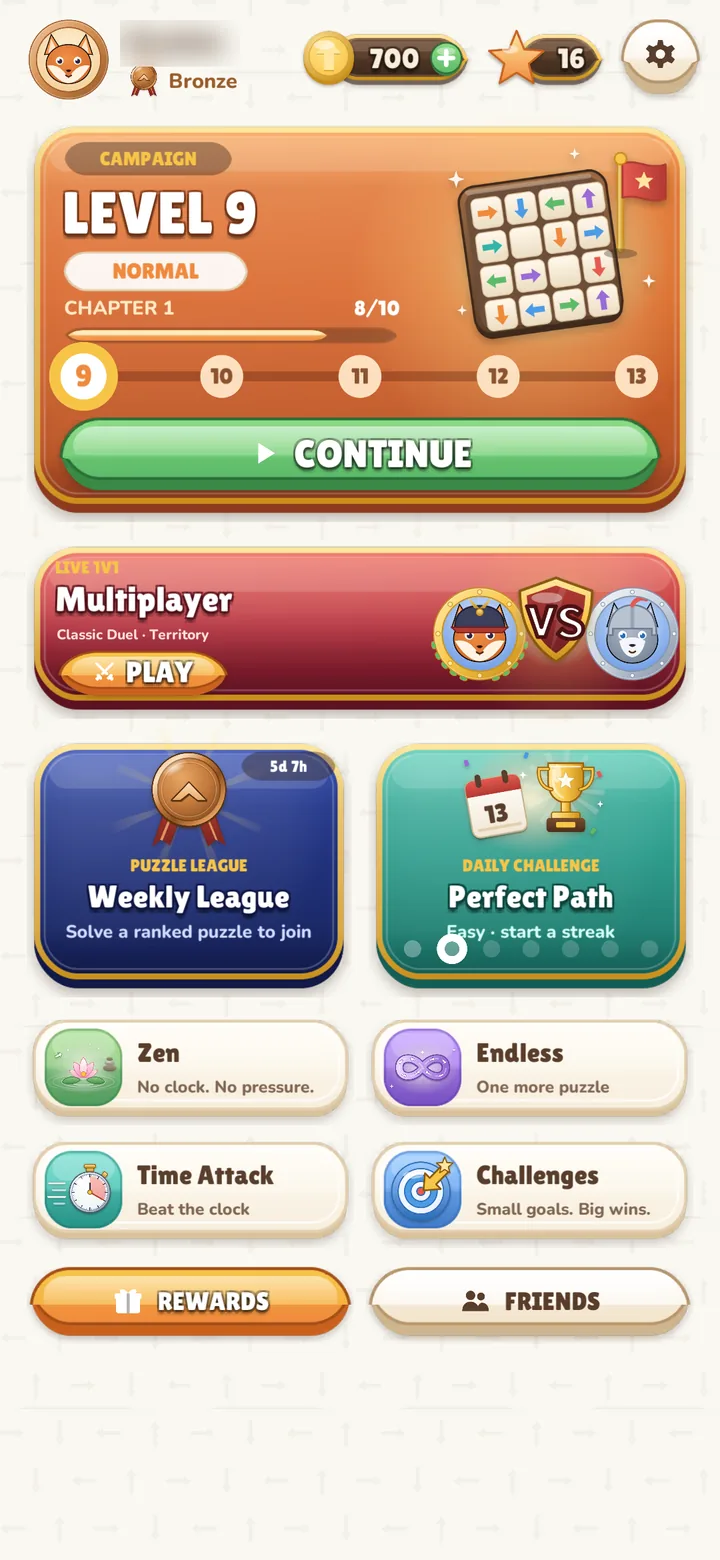 Amaze Arrow GO Puzzle home screen with Campaign, Multiplayer, Weekly League and Daily Challenge
