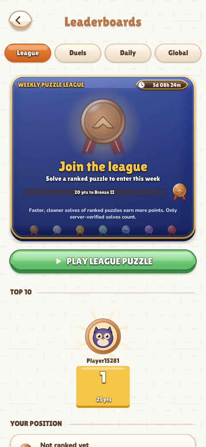 Weekly League: Ranked puzzles and a fresh season every week.