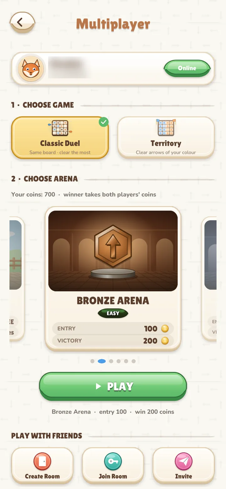 Multiplayer lobby: choose Classic Duel or Territory, then an arena