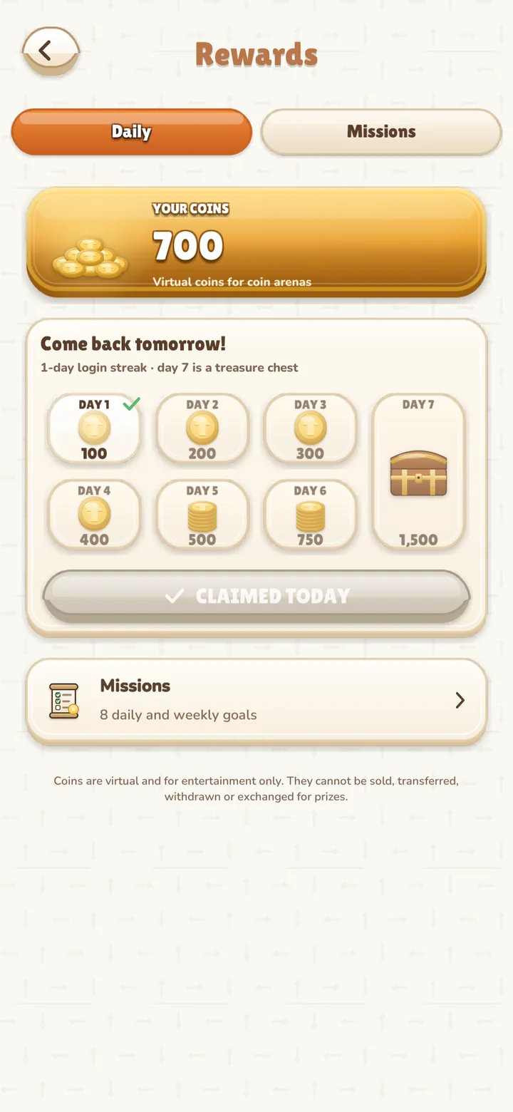 Daily rewards: A 7-day login streak that ends in a treasure chest.